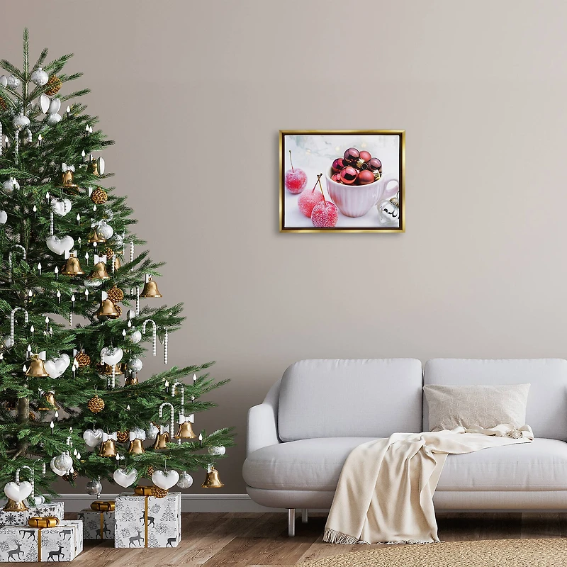 Stupell Industries Gleaming Red Christmas Ornaments Framed Floater Canvas Wall Art