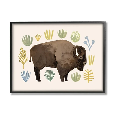 Stupell Industries Terracotta Green Yellow Plants Brown Horned Buffalo in Frame Wall Art