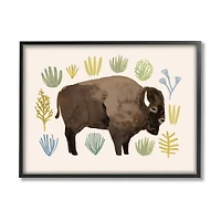 Stupell Industries Terracotta Green Yellow Plants Brown Horned Buffalo in Frame Wall Art