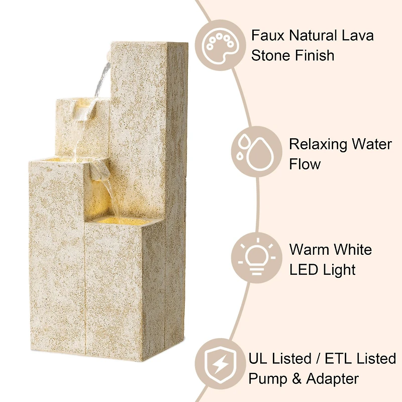 Glitzhome® 34" 4-Tier Faux Terrazzo Geometric Square Column Outdoor Fountain with LED Light