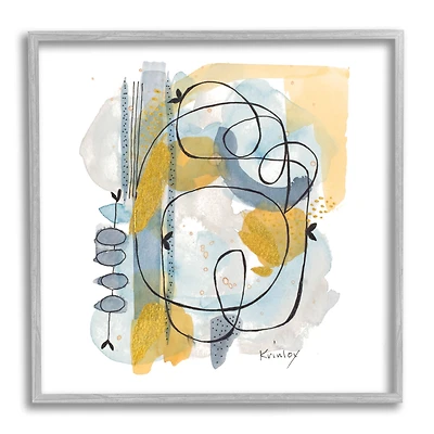Stupell Industries Modern Leaf Line Abstraction Yellow Blue Watercolor Framed Wall Art