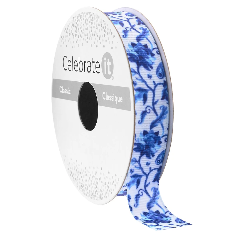 5/8'' x 7yd. Blue Floral Grosgrain Ribbon by Celebrate It® Classic
