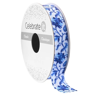 5/8'' x 7yd. Blue Floral Grosgrain Ribbon by Celebrate It® Classic