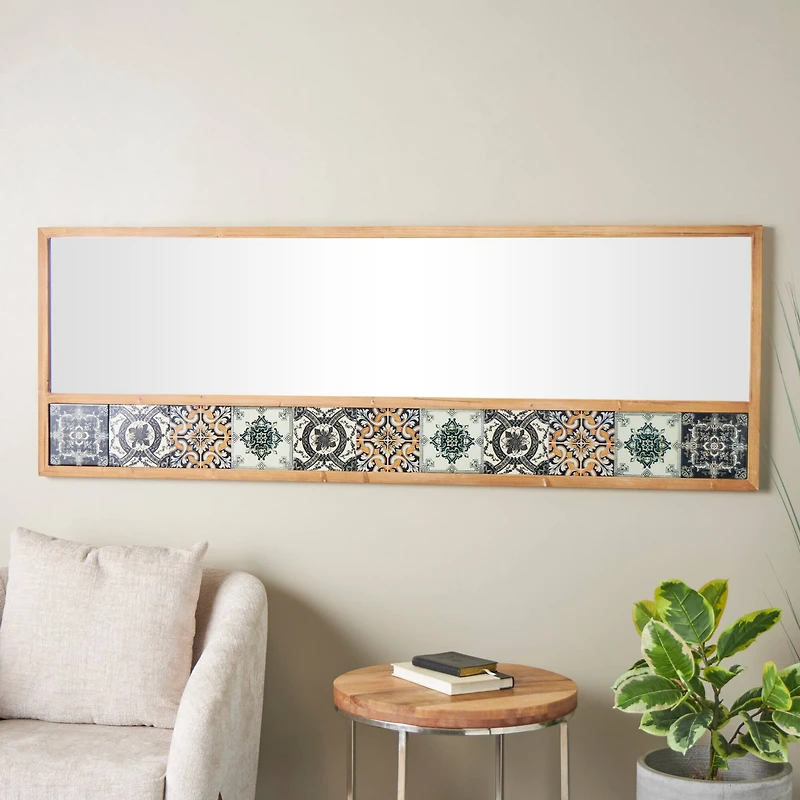 67" x 26" Brown Wood Wall Mirror with Mosaic Edge