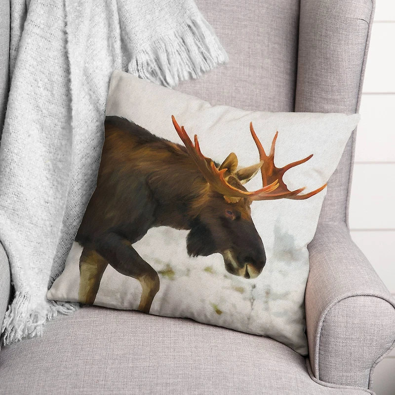 Moose In Snow 18x18 Throw Pillow