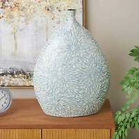 24" Light Blue Mother of Pearl Shell Floral Handmade Large Mosaic Vase with Cream Underlay