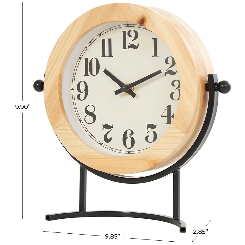 10" Light Brown Wood Clock with Curved Black Metal Stand & Ball Details