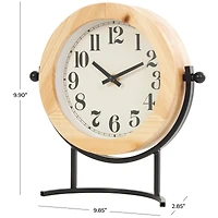 10" Light Brown Wood Clock with Curved Black Metal Stand & Ball Details