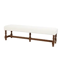 59" Cream Fabric Bench with Brown Traditional Wood Turned Legs
