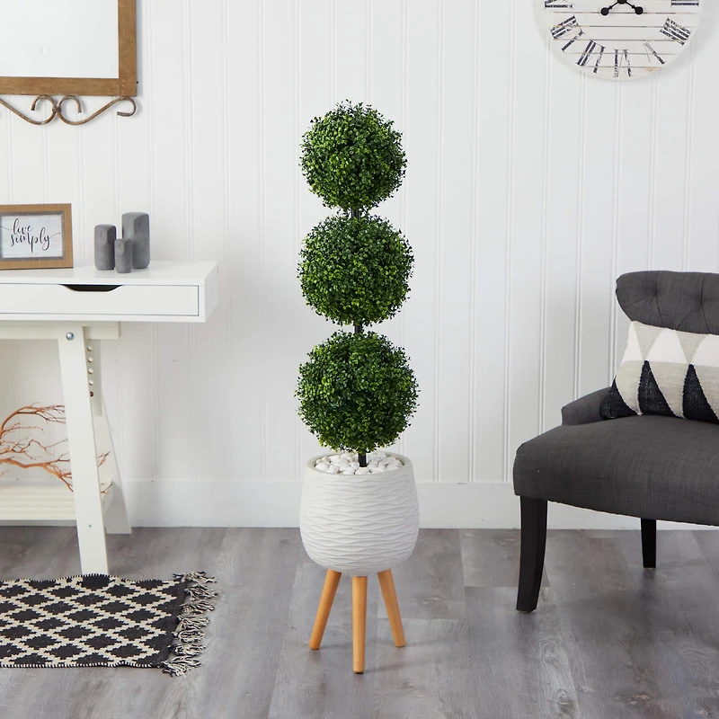 4.5ft. Boxwood Triple Ball Topiary Artificial Tree in White Planter with Stand (Indoor/Outdoor)