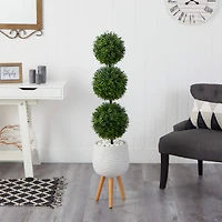 4.5ft. Boxwood Triple Ball Topiary Artificial Tree in White Planter with Stand (Indoor/Outdoor)