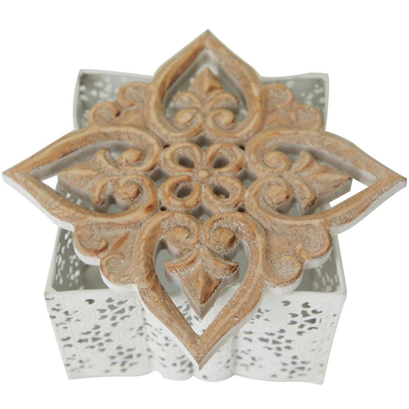 White Metal Laser Cut Metal Decorative Jars with Carved Wood Lids Set