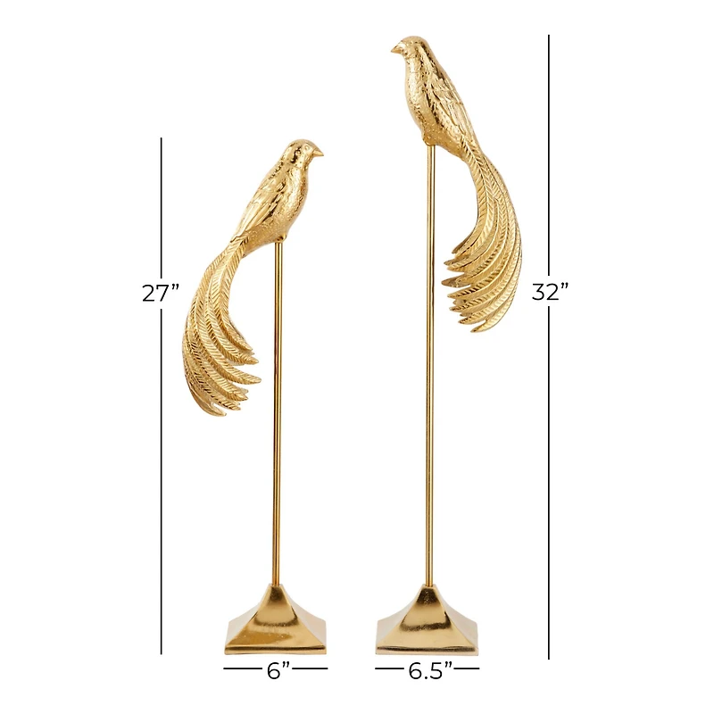 Set of 2 Gold Aluminum Eclectic Bird Sculpture, 32", 27"