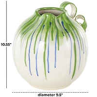 10.5" White Ceramic Vase with Green & Blue Drip Design & Handles