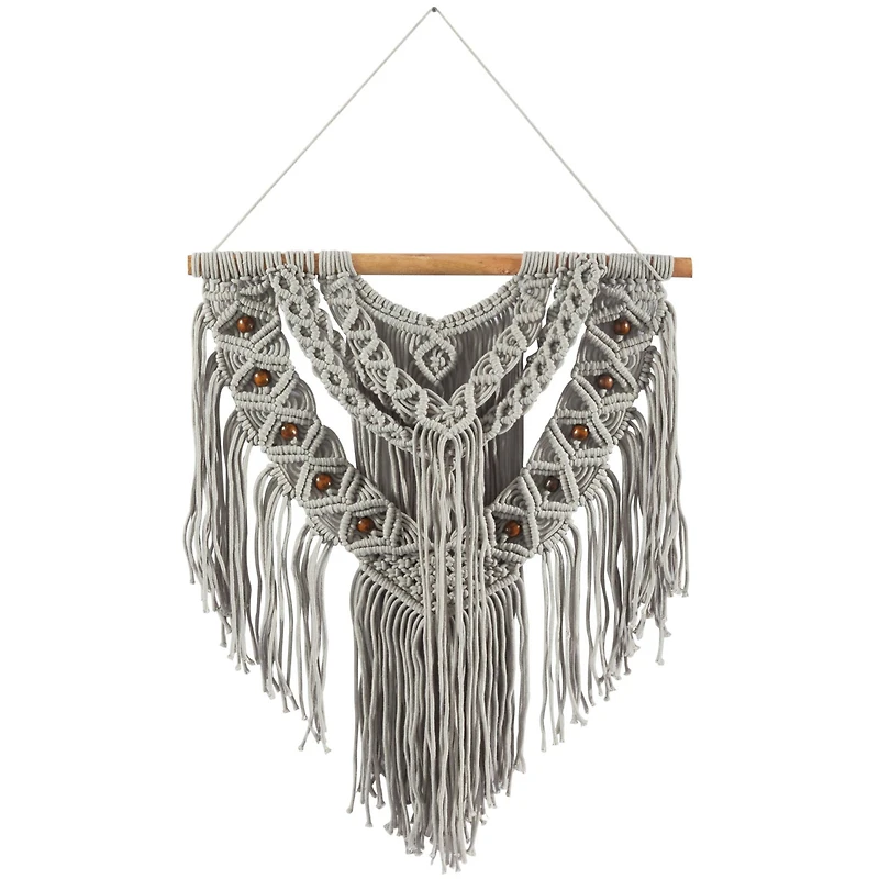 Gray Cotton Handmade Intricately Weaved Macrame Wall Decor with Beaded Fringe Tassels 32" x 1" x 42"