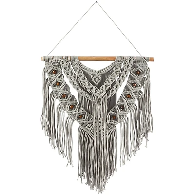 Gray Cotton Handmade Intricately Weaved Macrame Wall Decor with Beaded Fringe Tassels 32" x 1" x 42"
