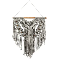 Gray Cotton Handmade Intricately Weaved Macrame Wall Decor with Beaded Fringe Tassels 32" x 1" x 42"
