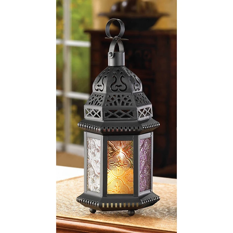 10.25" Rainbow Moroccan Style Hanging Candle Lantern