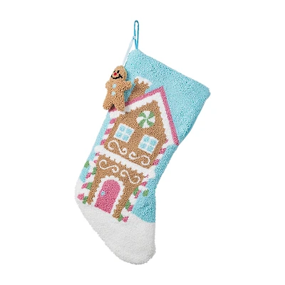 Glitzhome® 21"L Hooked Gingerbread House Stocking with Gingerbread Man Ornament