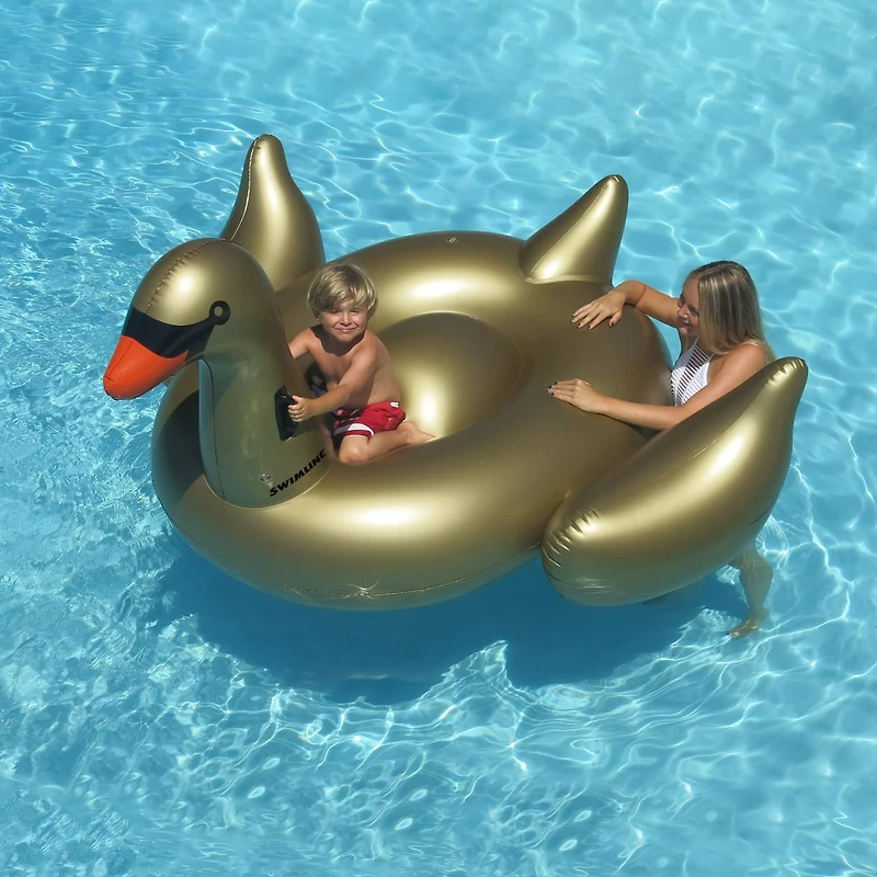 Swim Central 75" Gold Inflatable Giant Swan Swimming Pool Ride-On Float