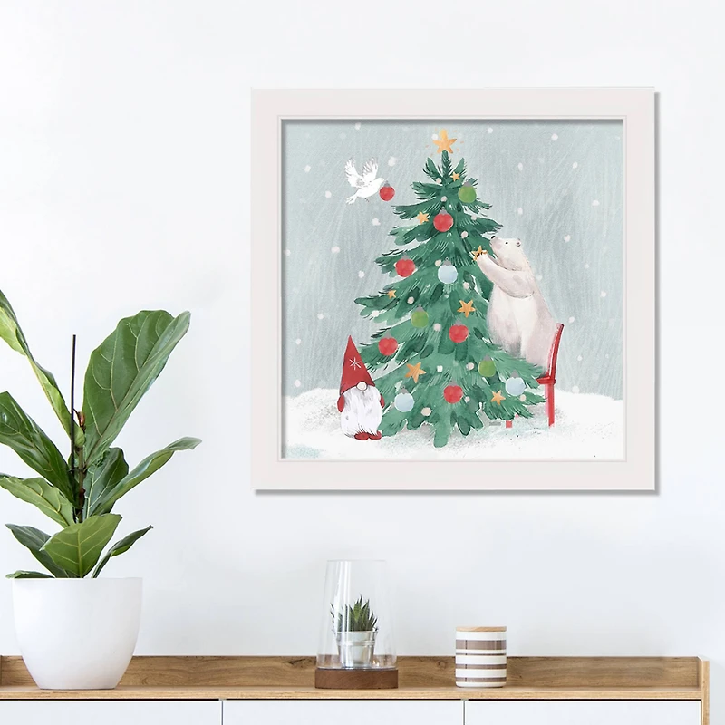 Christmas Creatures Tree Decorating White Framed Canvas Wall Art