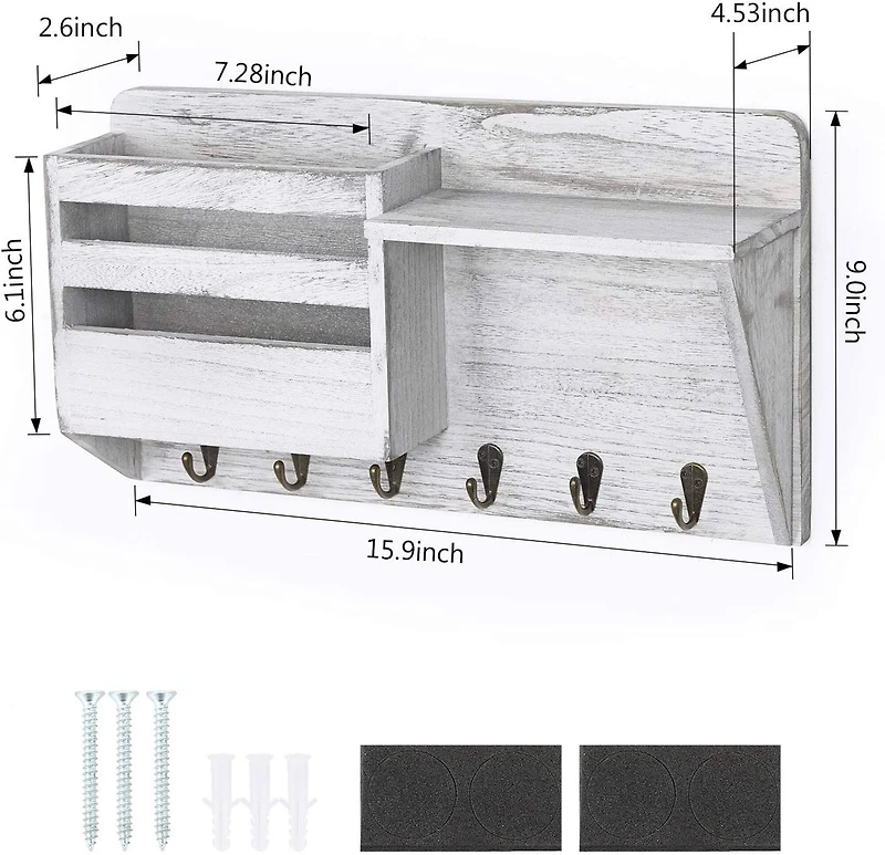 NEX™ Wall-Mounted Rustic Off-White Mail Shelf with 6 Double Key Hooks