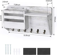 NEX™ Wall-Mounted Rustic Off-White Mail Shelf with 6 Double Key Hooks