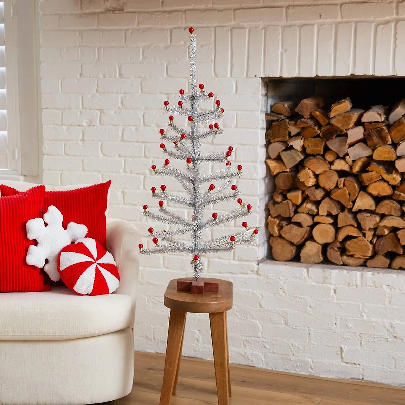3ft. Artificial Retro Silver Tinsel Christmas Tree with 45 Red Mini Ornament Balls and Wooden Base