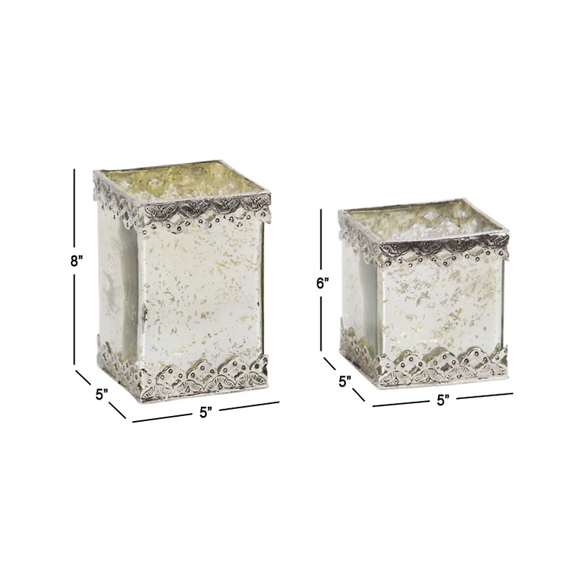 Set of 2 White Glass Glam Candle Holder, 6", 8"