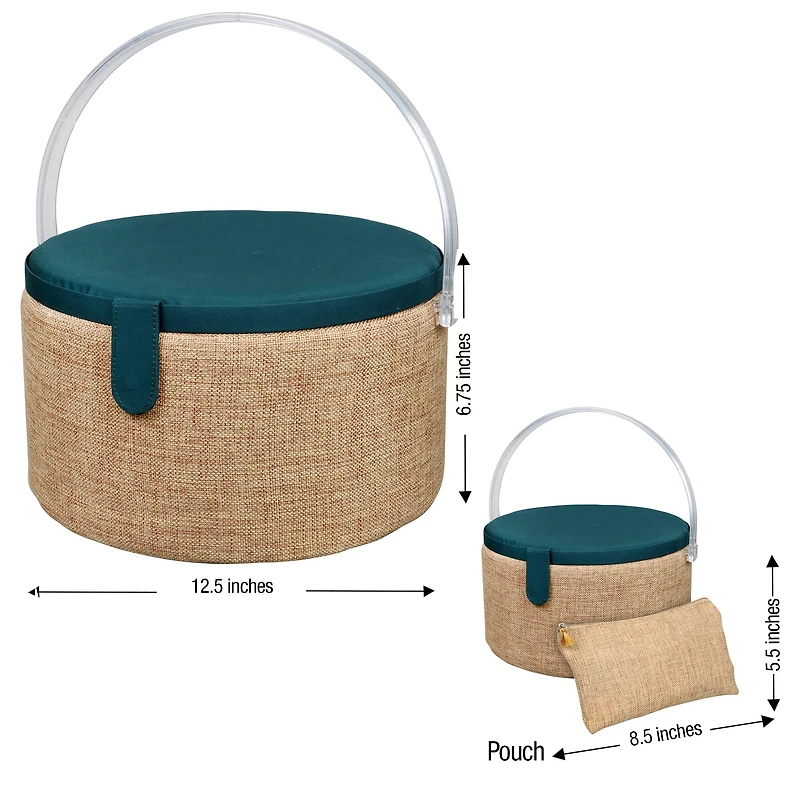 SINGER® Large Burlap Fabric Premium Round Sewing Basket with Travel Sewing Kit