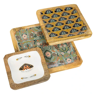Hello Honey® Multicolor Moths & Florals Enameled Wood Trays, 3ct.