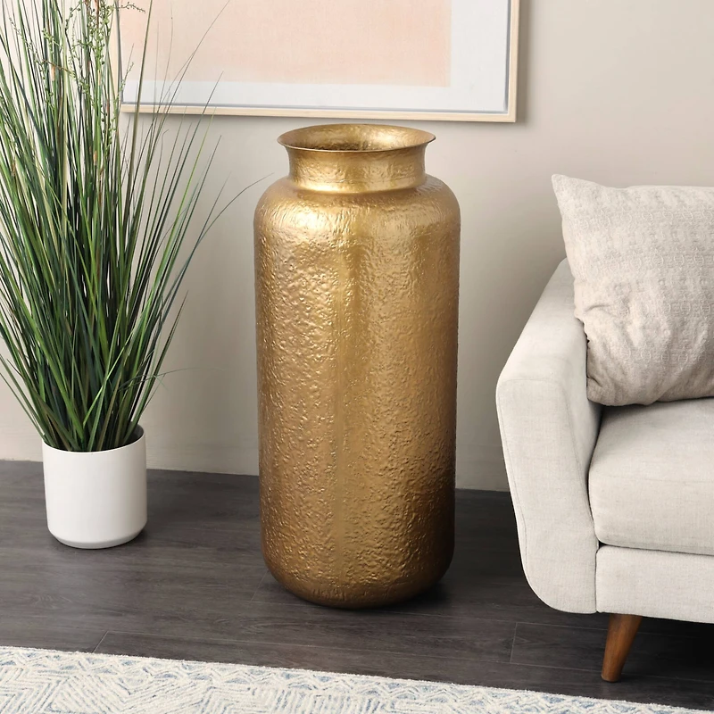 Gold Metal Tall Textured Hammered Floor Vase