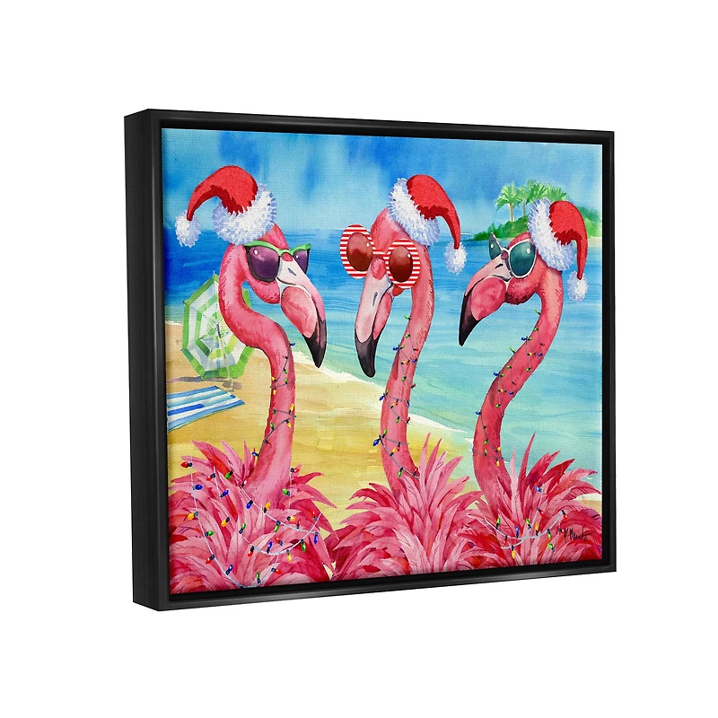 Stupell Industries Holiday Lights Flamingos Beach Framed Floater Canvas Wall Art