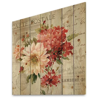 Designart - Red Painted Flowers on Vintage Postcard I