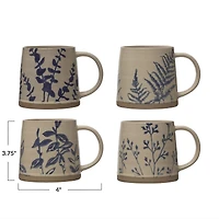 Hello Honey® 16oz. Antique Blue and White Hand Stamped Stoneware Mug Set with Wax Relief Botanical Design