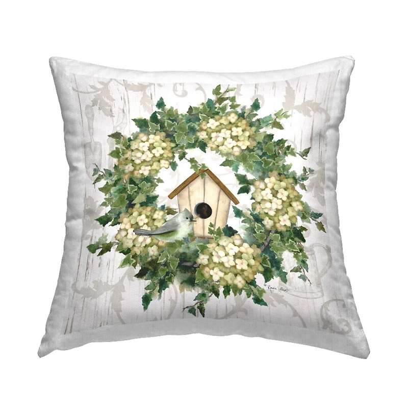 Stupell Industries Spring Birdhouse Green Wreath Decorative Printed Throw Pillow