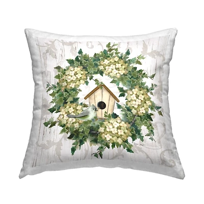 Stupell Industries Spring Birdhouse Green Wreath Decorative Printed Throw Pillow