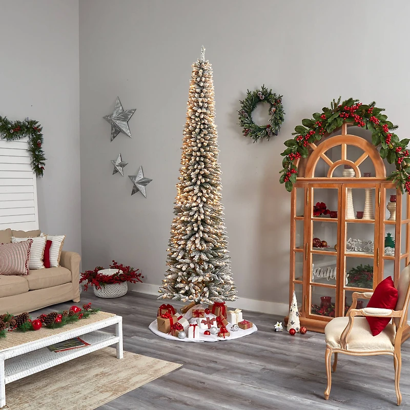 10ft. Pre-Lit Flocked Pencil Artificial Christmas Tree, Clear Lights