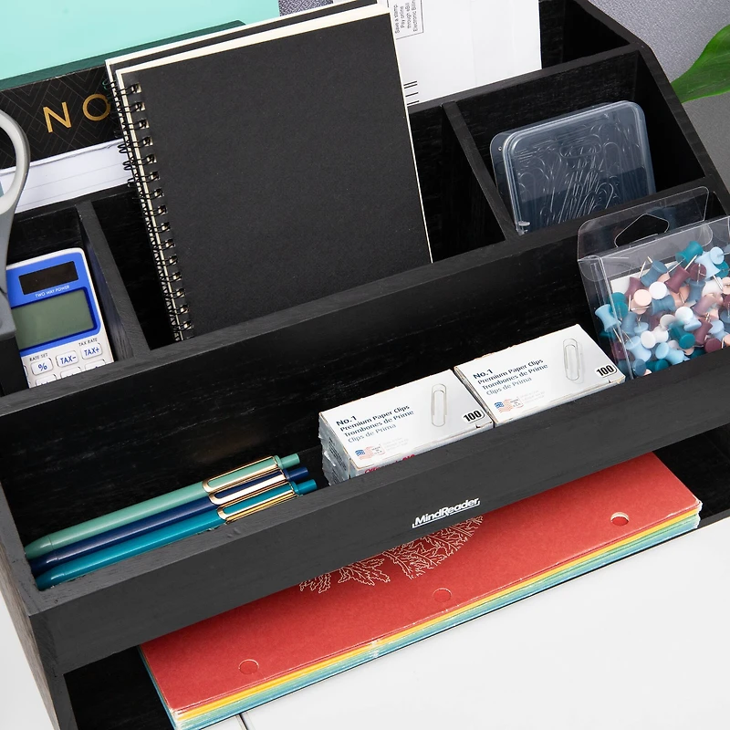 Mind Reader Desk Organizer, File Storage, Accessory Holder, Cord Management, Office, Wood, Black