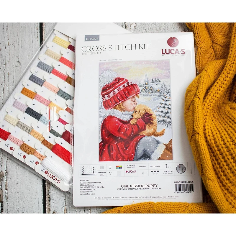 Luca-S Girl Kissing Puppy Counted Cross Stitch Kit