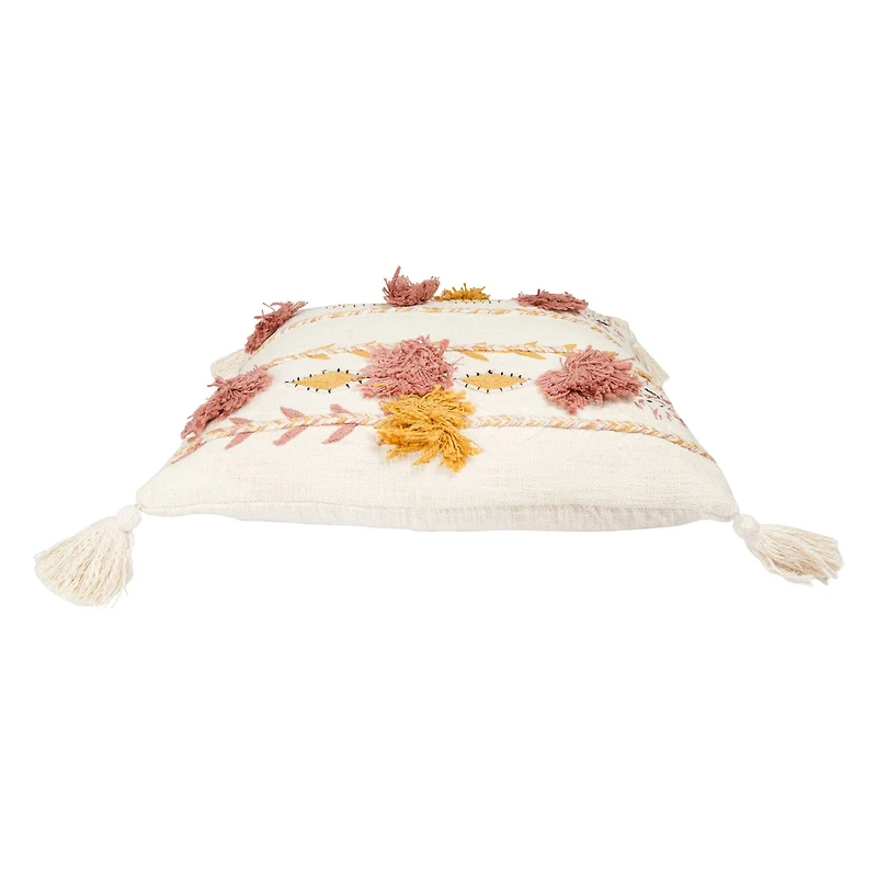 White Embroidered & Appliqued Pillow with Pom Poms & Tassels