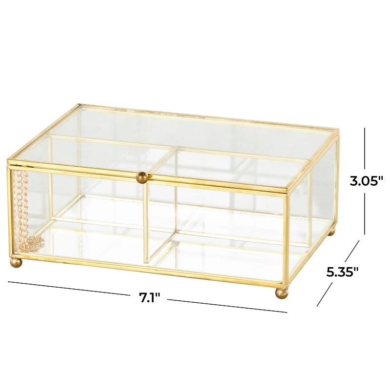 7" x 5" x 3" Clear & Gold 3-Slot Glass & Metal Jewelry Box with Chain Accent