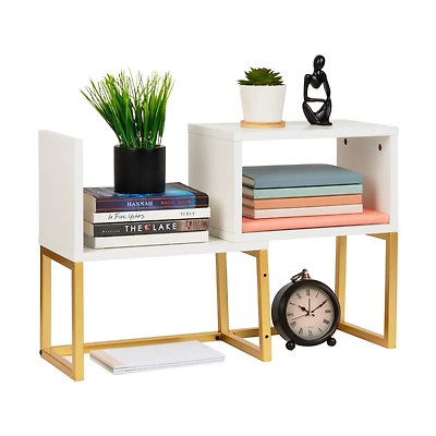 Mind Reader Desktop Bookshelf, 5-Compartment Organizer for Office Desk, Vanity, or Bathroom, Modern Storage Display, Metal. MDF, White