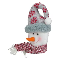 11" Gray & Red Plush Knit Snowman Head Christmas Ornament