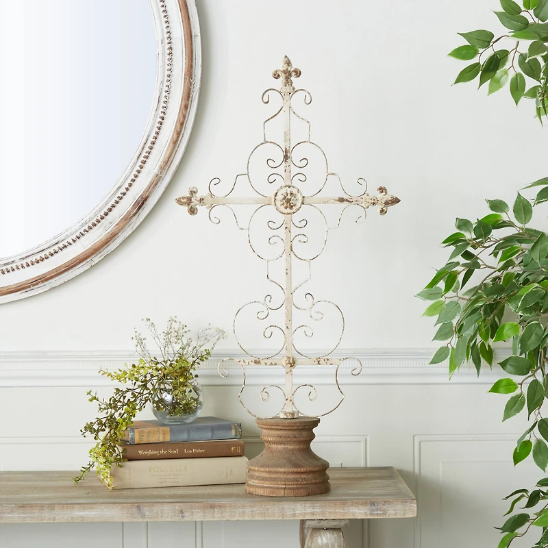 29" White Iron French Country Cross Sculpture
