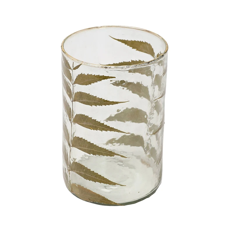 Hello Honey® 6.5" Embedded Neem Leaves & Foil Edge Handblown Glass Hurricane