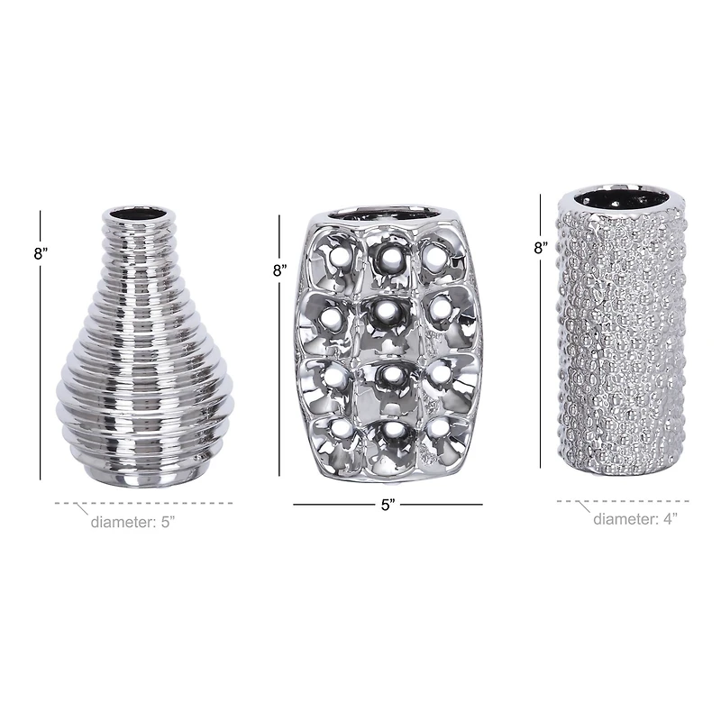 Set of 3 Silver Ceramic Glam Vase, 8" x 5"