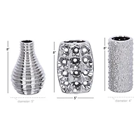 Set of 3 Silver Ceramic Glam Vase, 8" x 5"