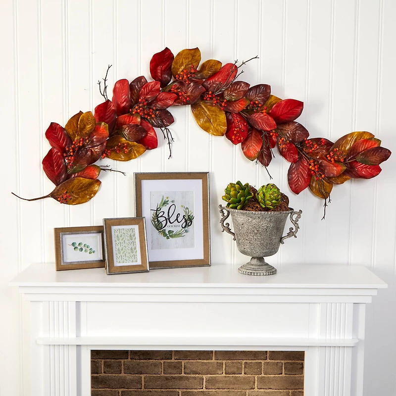 6ft. Autumn Magnolia Leaf with Berries Garland