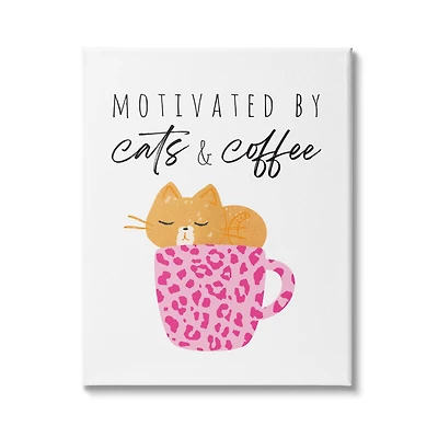 Stupell Industries Cats and Coffee Motivation Pink Cheetah Print Mug Canvas Wall Art